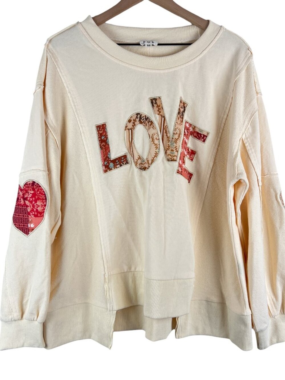 POL Cream Patchwork Love Long Sleeve Pullover Sweatshirt - Picture 2 of 6
